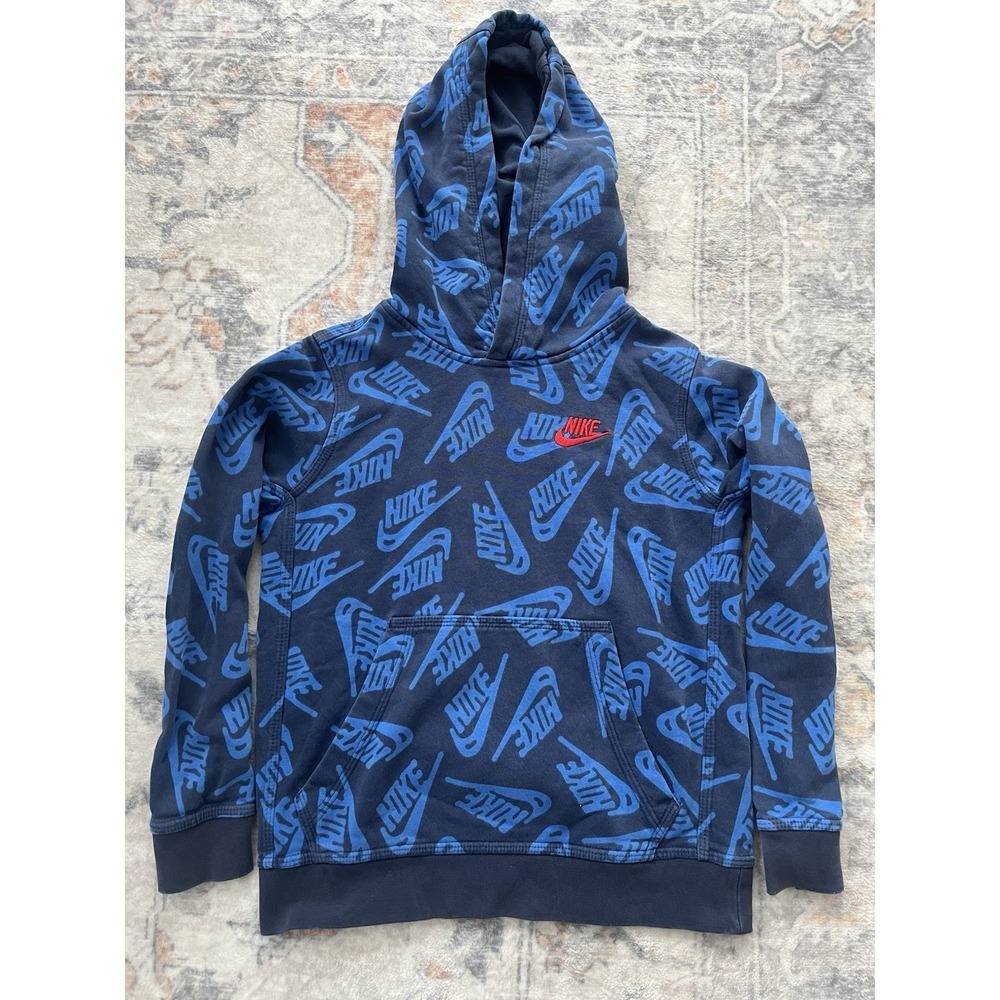 Nike Youth Small Hoodie Blue Logo Print Pullover Sweatshirt Boys Red Swoosh